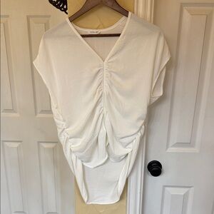 Olivia Grey White Ruched V-Neck Blouse